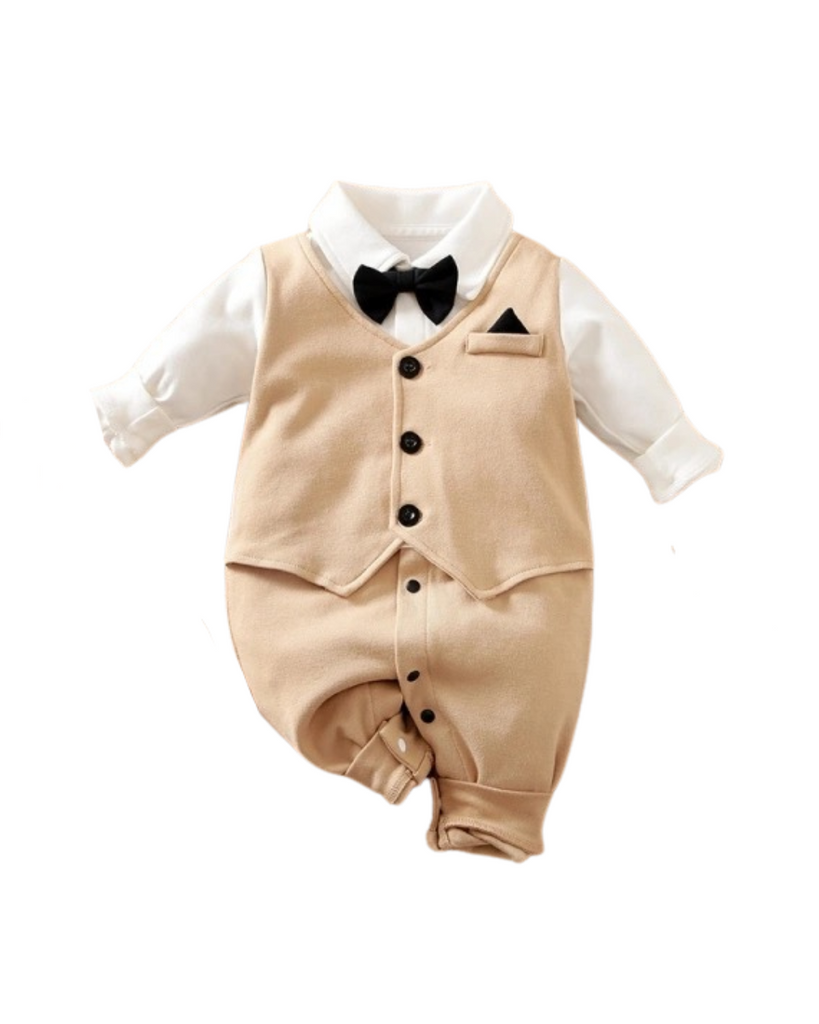 Baby Boy Formal Waistcoat Romper With Bow Tie - Beige & White