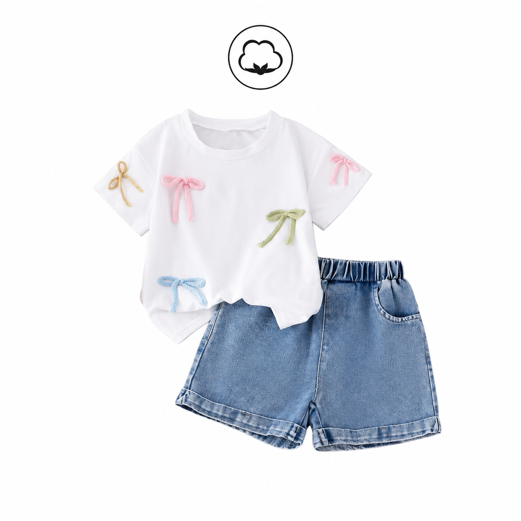 White t-shirt with bow designs and denim shorts on a white background