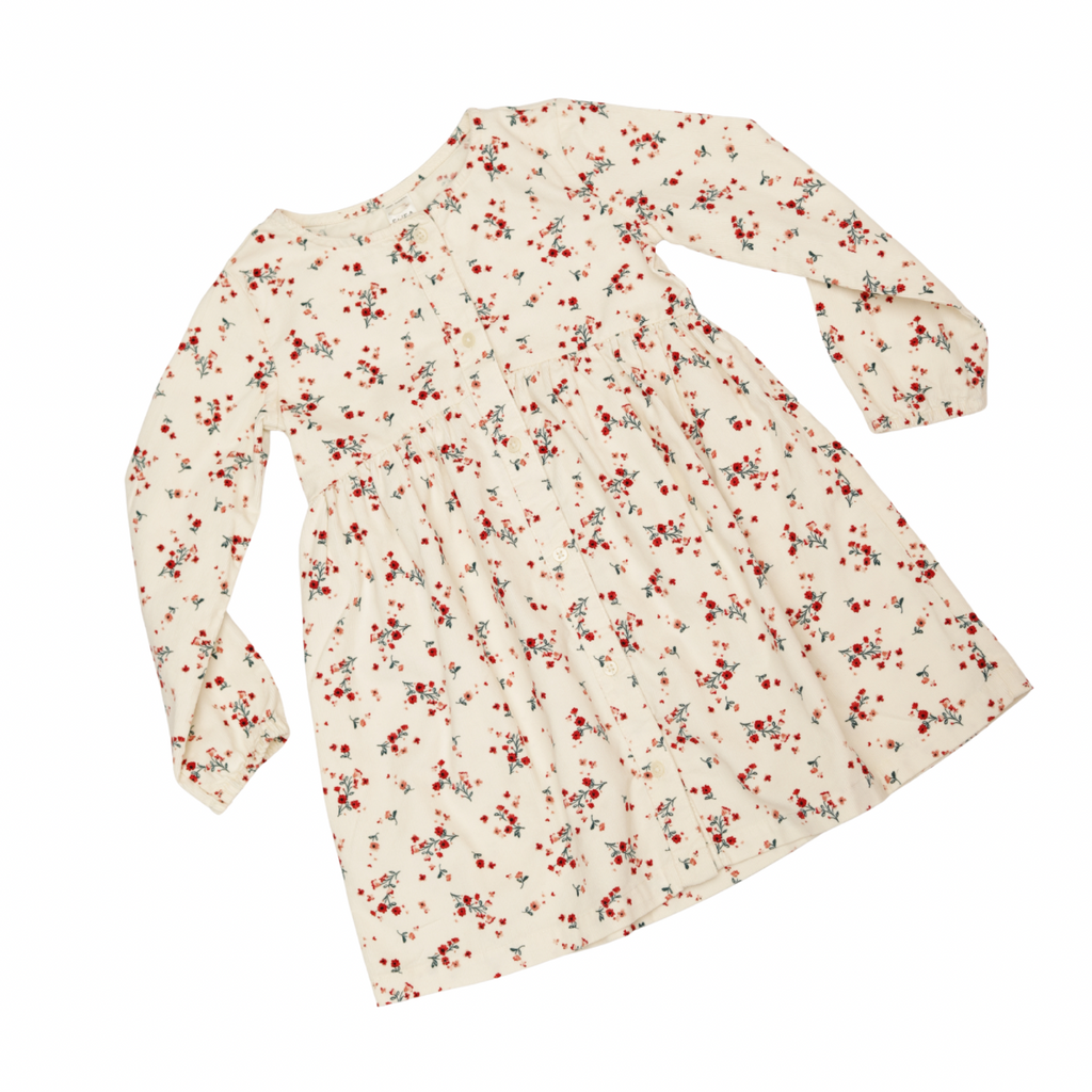 Floral dress with red flowers on a white background
