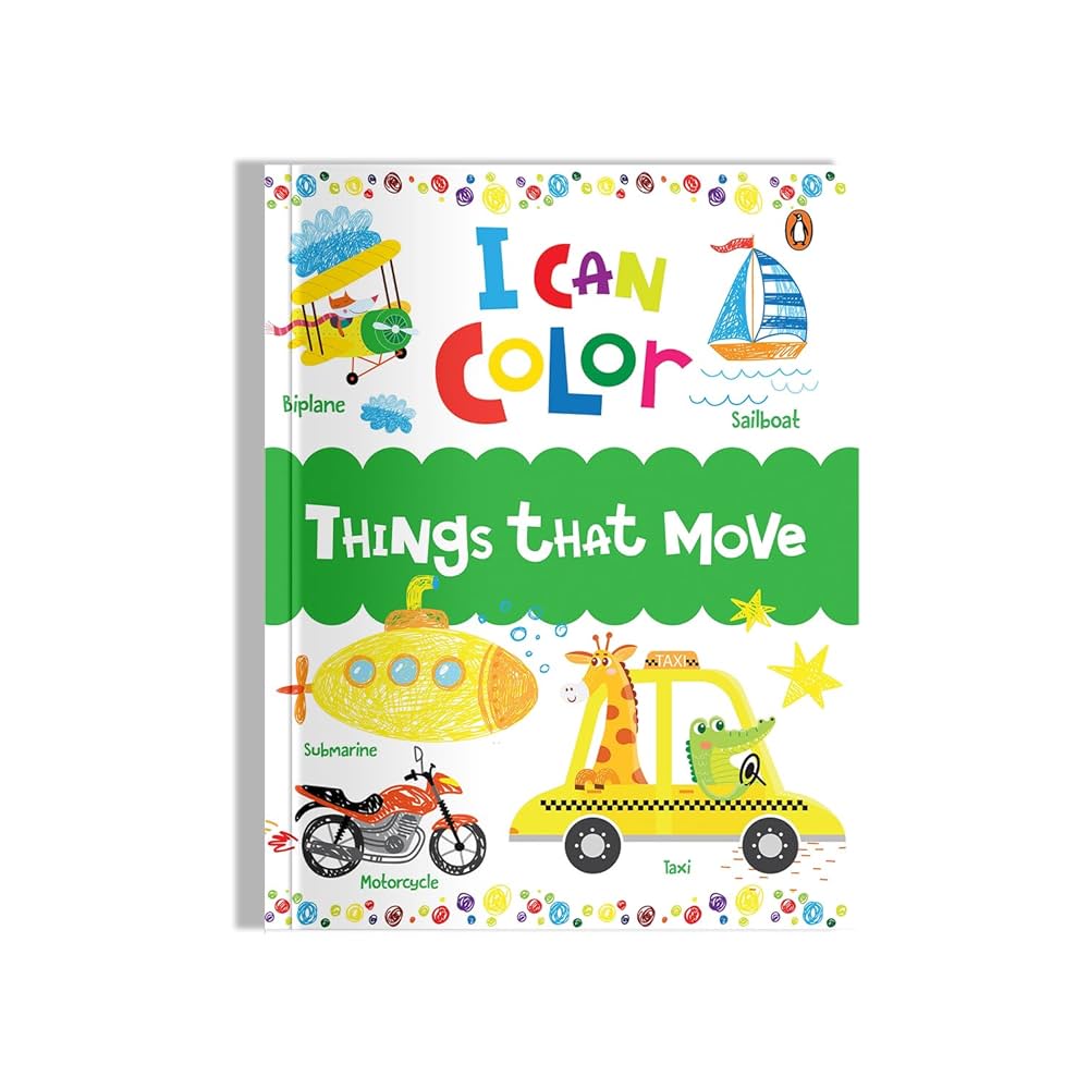 Coloring book titled 'I Can Color Things That Move' with illustrations of vehicles on a white background.