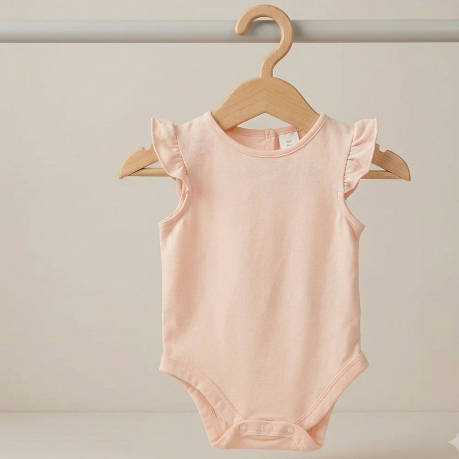 A light pink sleeveless baby bodysuit with ruffled shoulder details, hanging on a wooden hanger from a clothing rack against a neutral cream background.