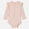 Infant baby girl long sleeve pink swimsuit with floral ruffle sleeves and a zipper front.