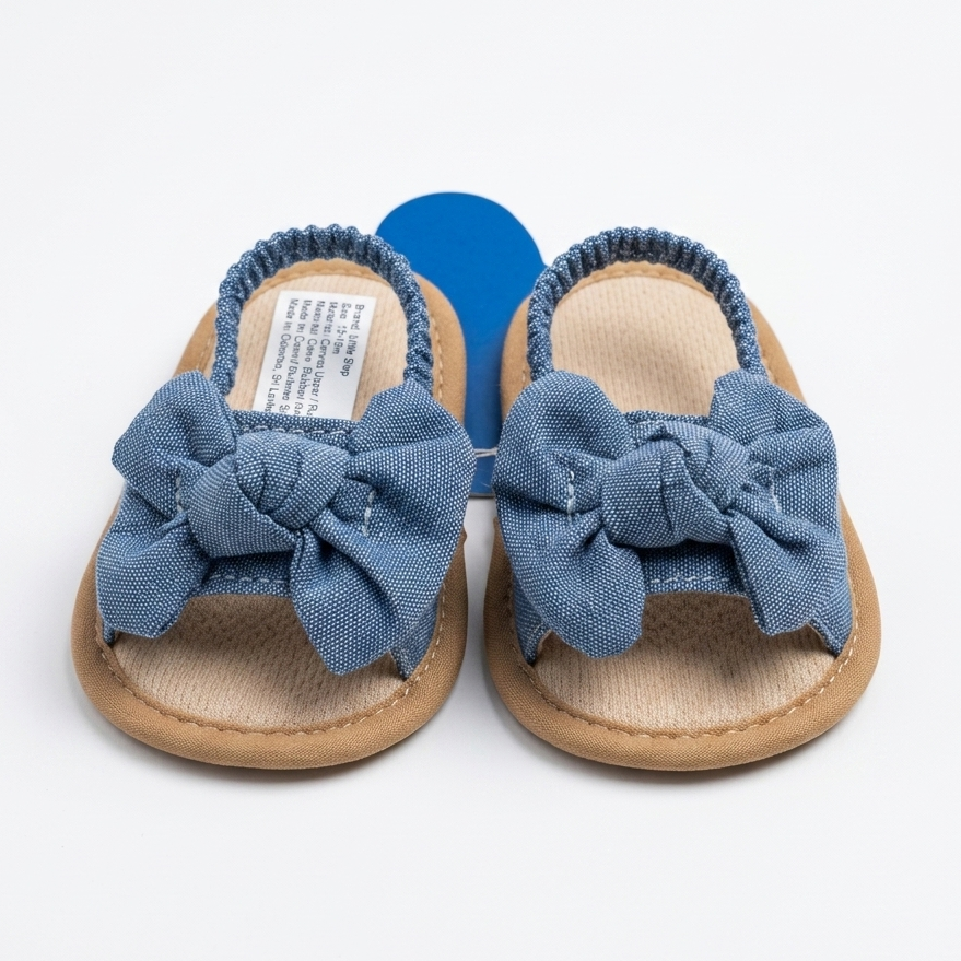 Pair of baby sandals with blue bows on a white background