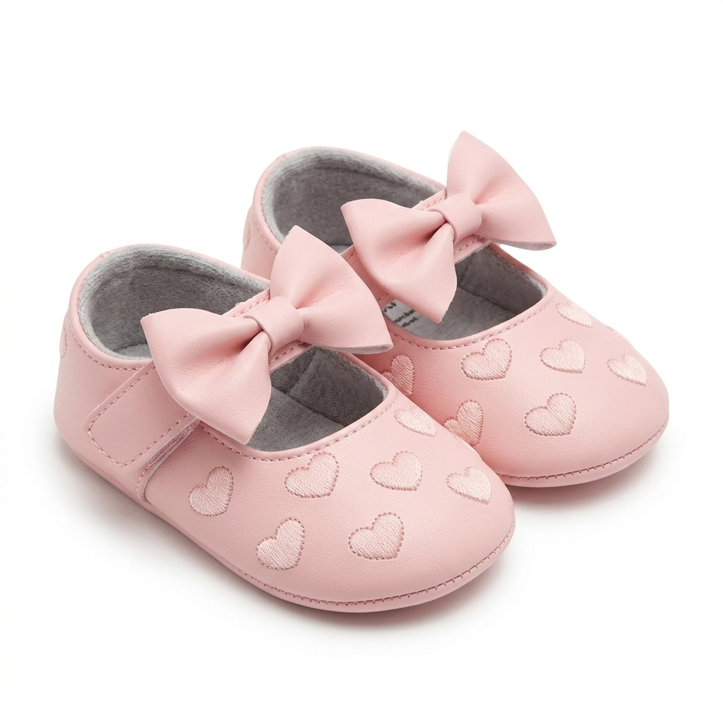 Pink baby shoes with bows on a white background