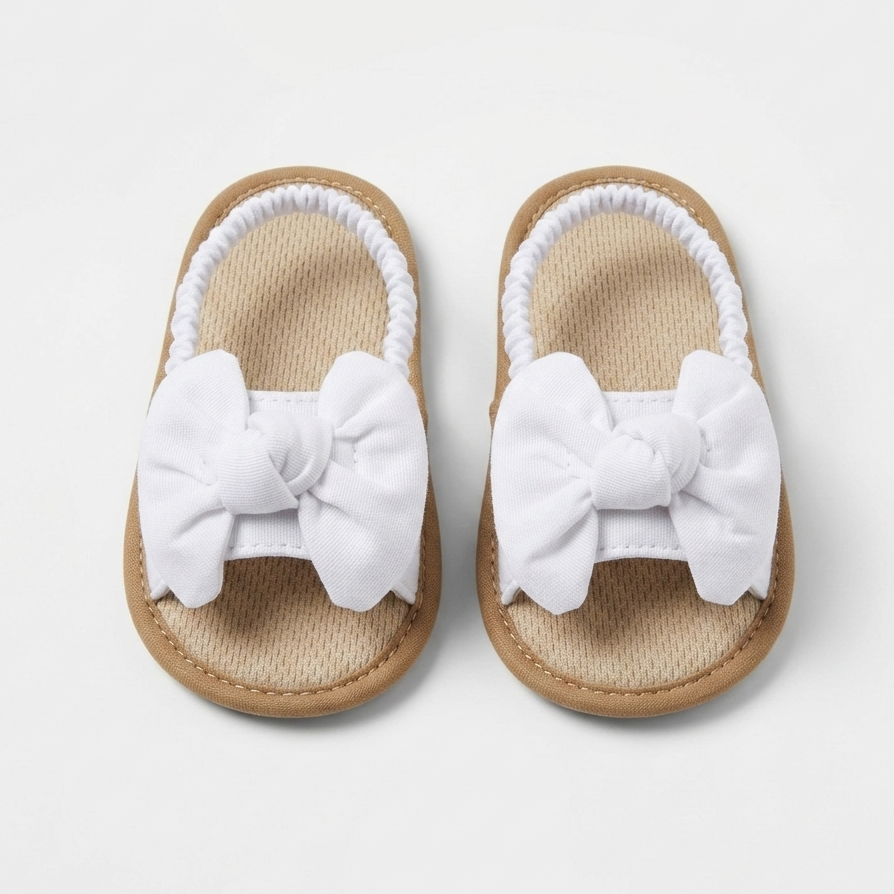 Pair of baby girl sandals with white bows on a light gray background
