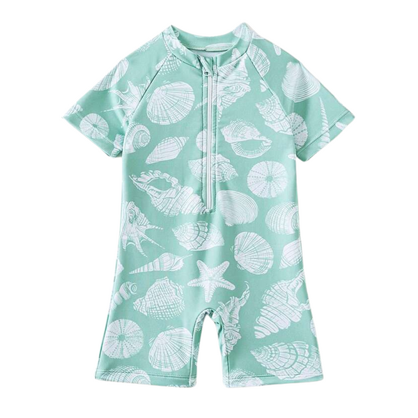 Infant boy short sleeve swimsuit in mint green with a shell pattern.