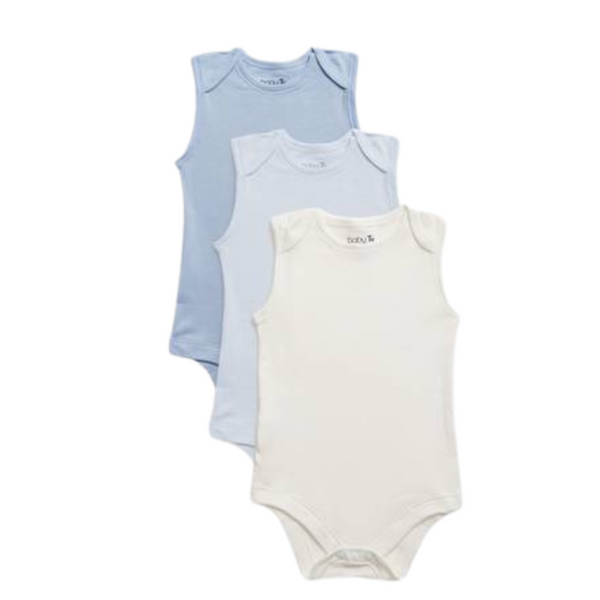 A set of three infant baby sleeveless bodysuits in blue, white, and gray colors, made from cotton, displayed against a white background.