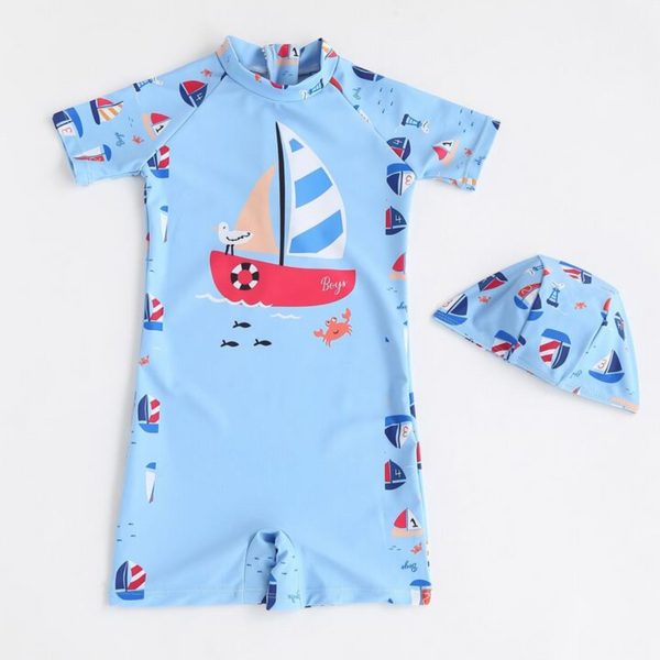 A short sleeve swim suit for baby boy with blue print.