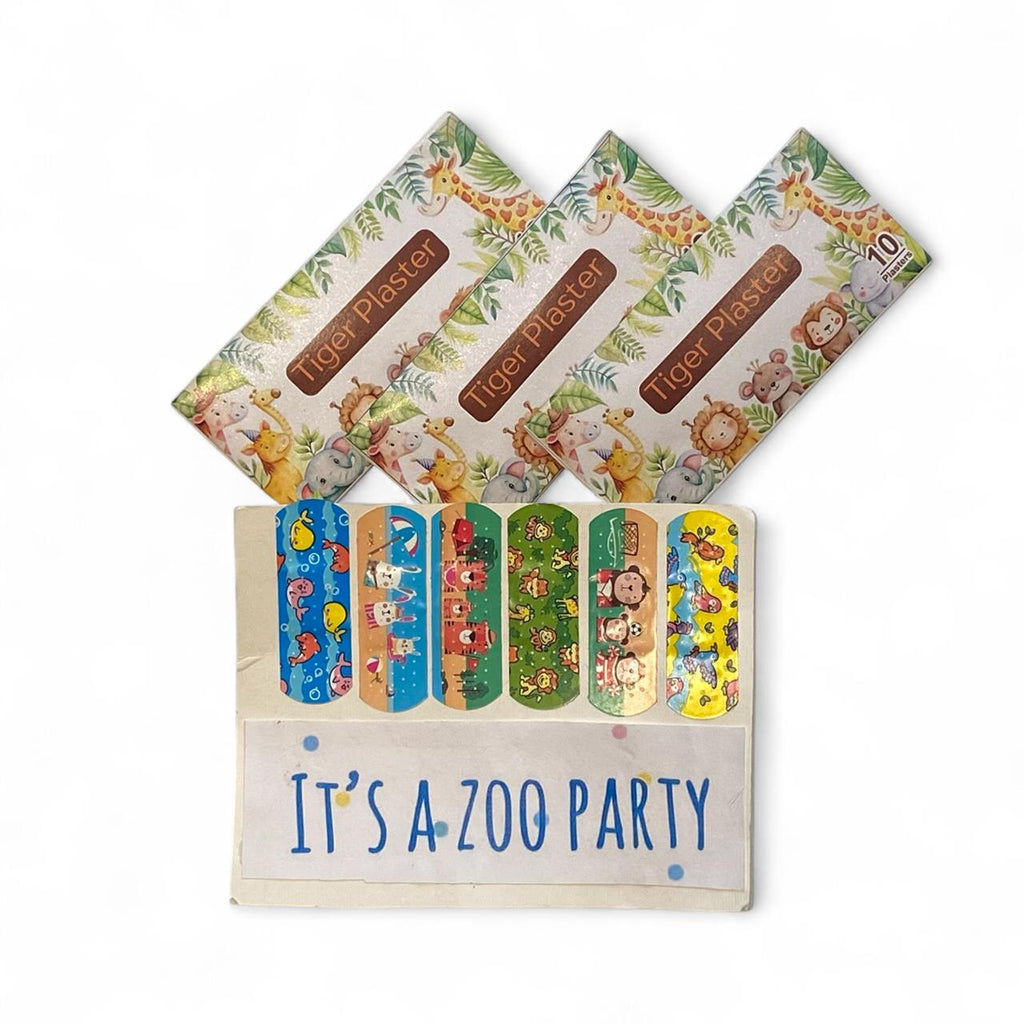 Set of children's band-aids with animal illustrations and a sign saying 'It's a Zoo Party' on a white background.