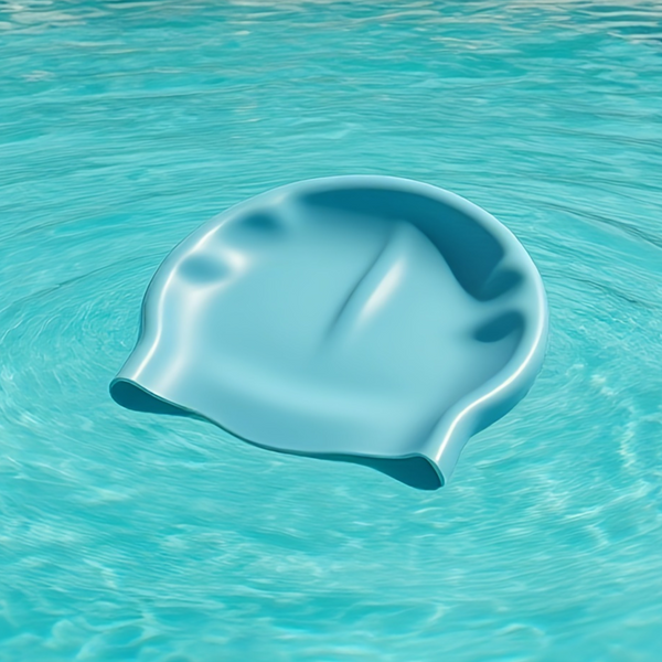 Blue swim cap floating on clear blue water