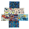 Collection of colorful face masks with various patterns and characters on a white background
