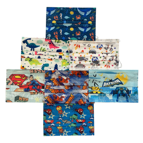 Collection of colorful face masks with various patterns and characters on a white background