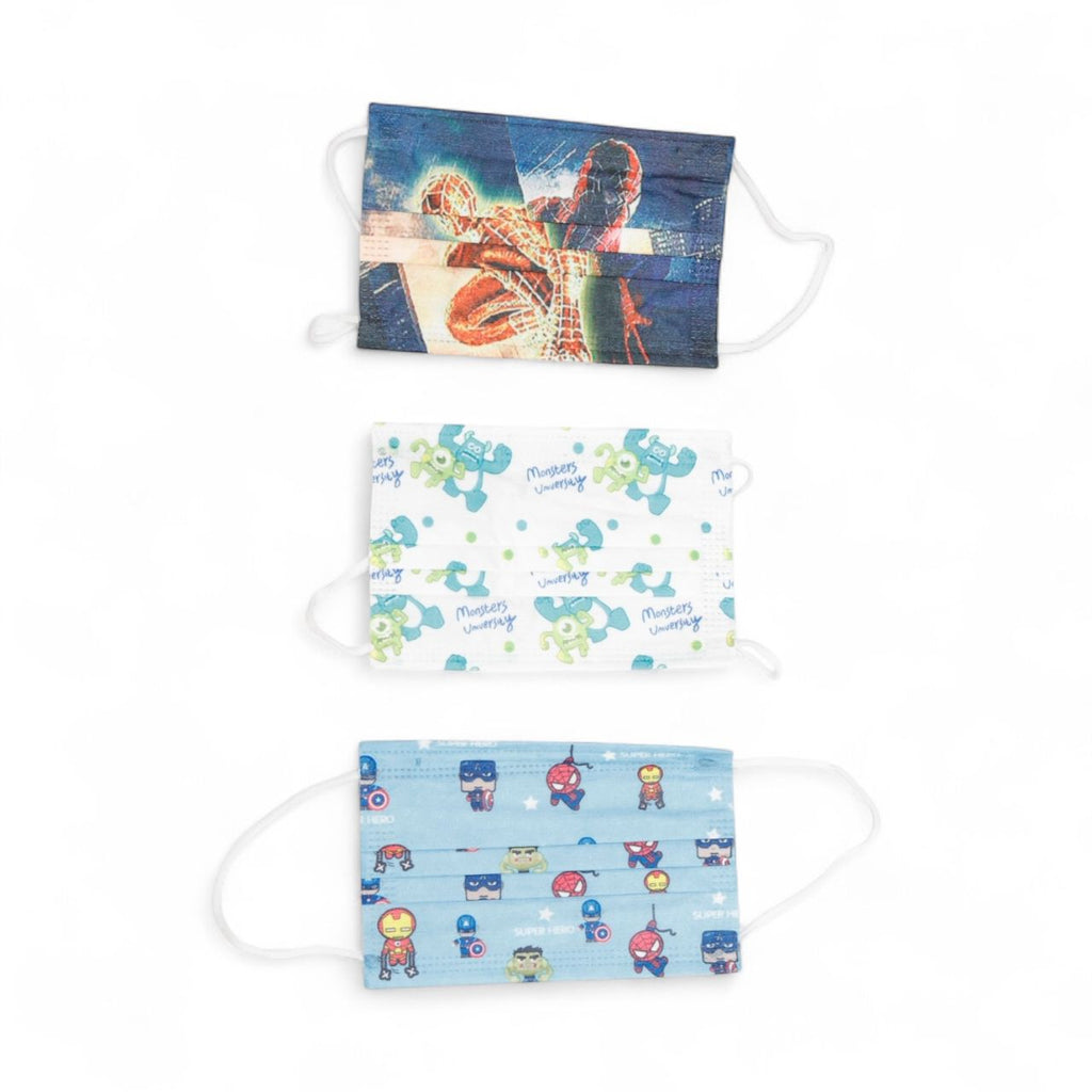 Three children's face masks with different designs on a white background