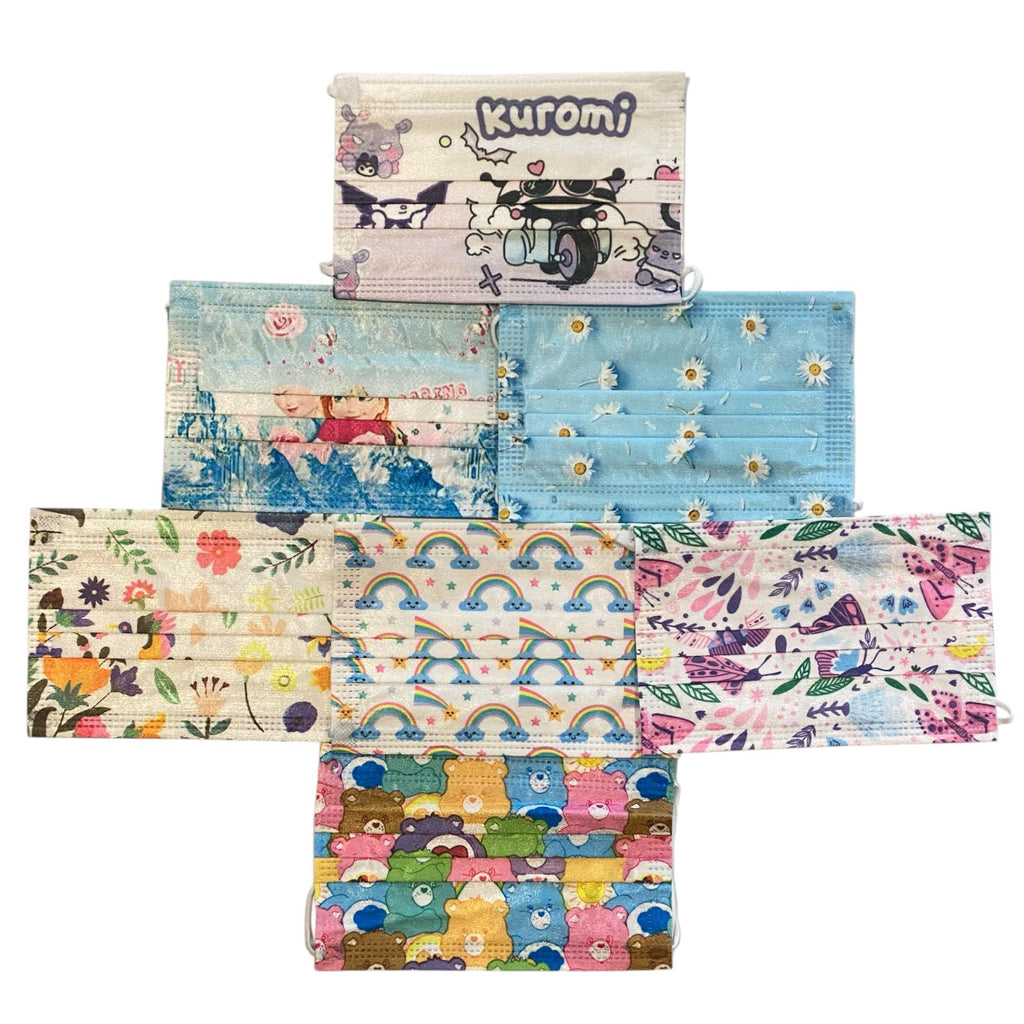 Colorful patterned face masks with a 'Kuromi' branded box on a white background