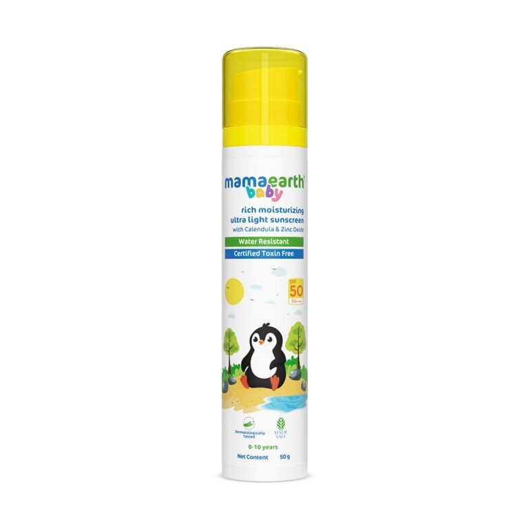 Mamaearth baby sunscreen spray bottle on a white background