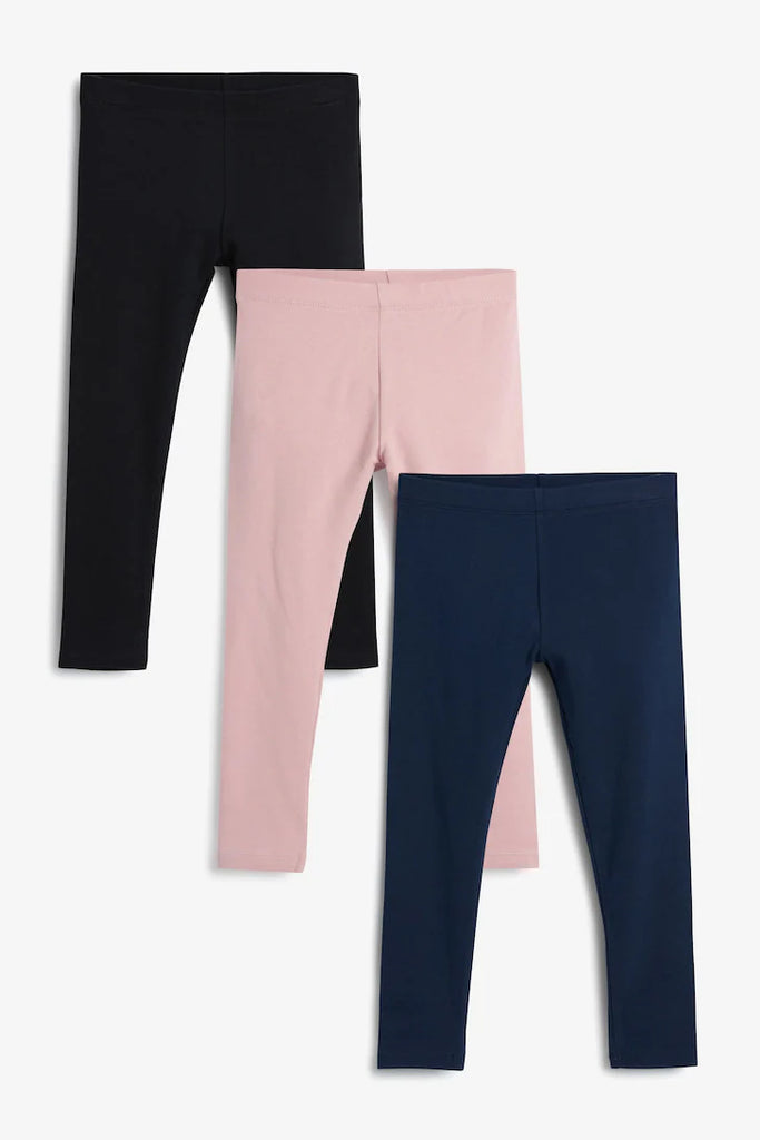 A pair of kids' leggings in black and a pair in blue with a striped pattern, presented against a white background.