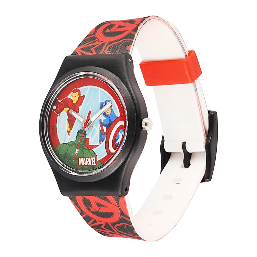 Marvel-themed kids' wristwatch with a black round case, colorful comic character dial featuring Iron Man, Captain America, and Hulk, and a white strap with red Marvel logos.
