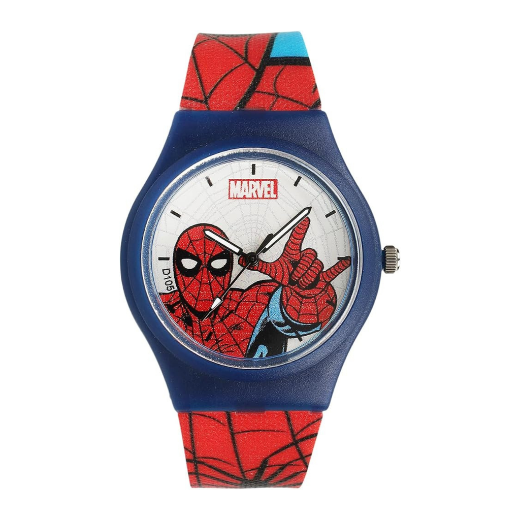 Marvel Spider-Man kids' analog watch with a blue case, white dial featuring Spider-Man graphic, and red and blue patterned strap.