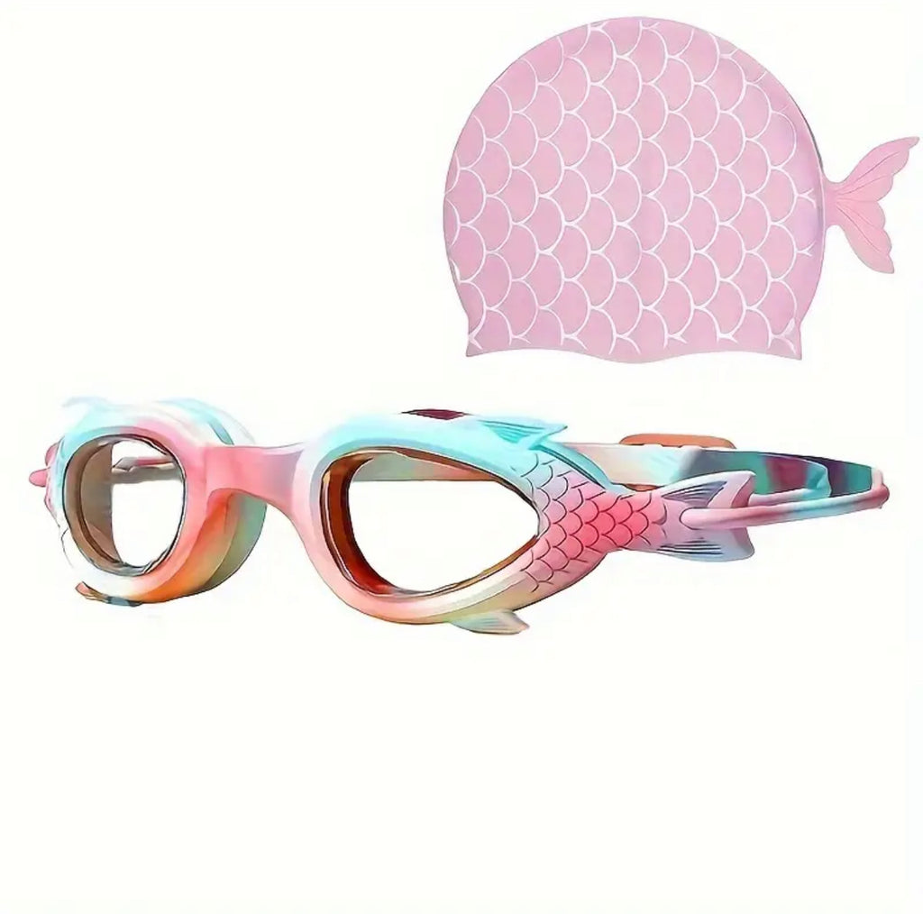 Colorful mermaid-themed swim goggles and pink cap on a white background