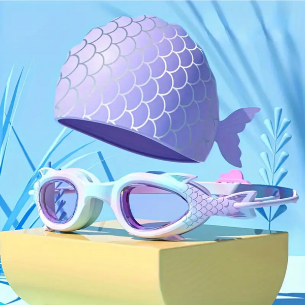Mermaid-themed swim cap and goggles 