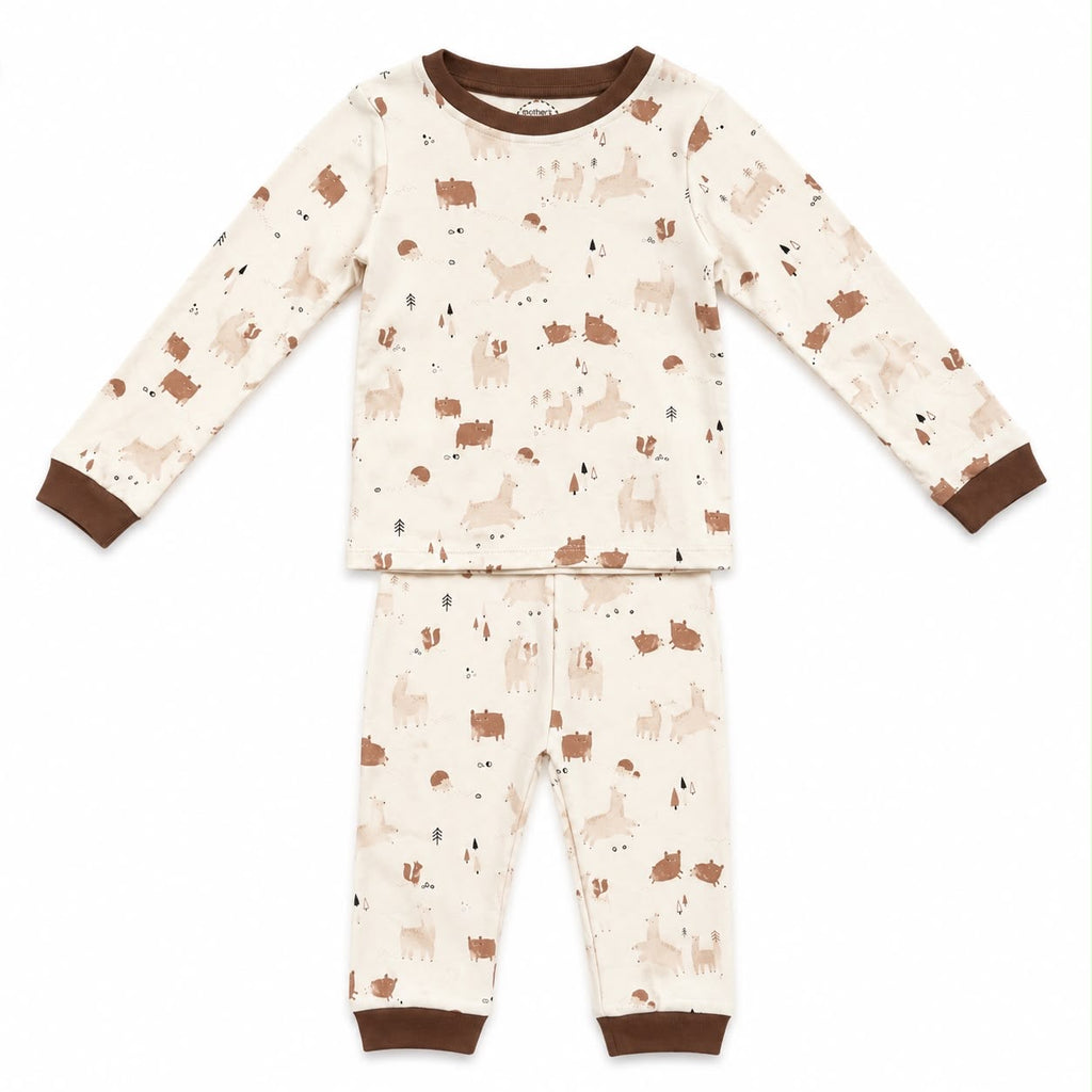 Kids Pajamas in a brown Woodland animals print 