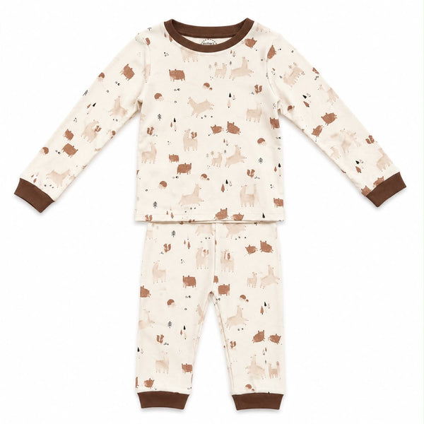 Kids Pajamas in a brown Woodland animals print 