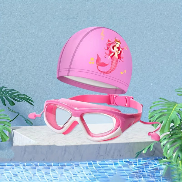 Pink swim cap and goggles with mermaid design 