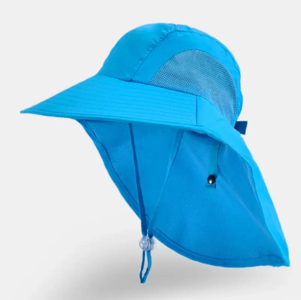 A blue sun cap designed for kids with a wide brim and an adjustable chin strap.