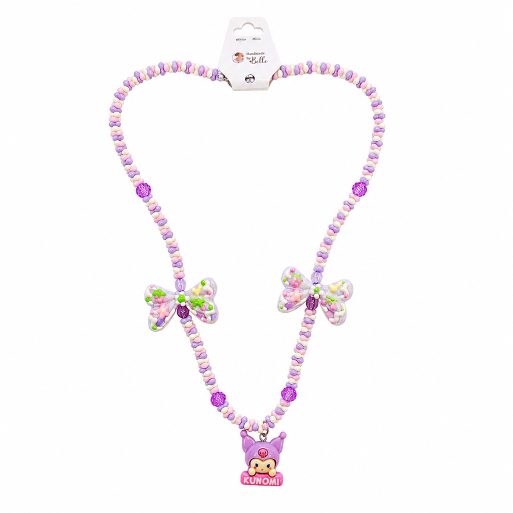 A children's beaded necklace featuring pastel pink and purple beads, two butterfly charms with floral patterns, purple crystal accents, and a Kuromi character charm at the bottom, displayed on a white background with its retail card attached.