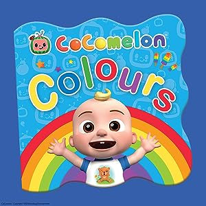 A board book cover of 'CoComelon Colors' featuring an illustration of a smiling baby with a rainbow background, surrounded by various colorful cartoon characters and objects.