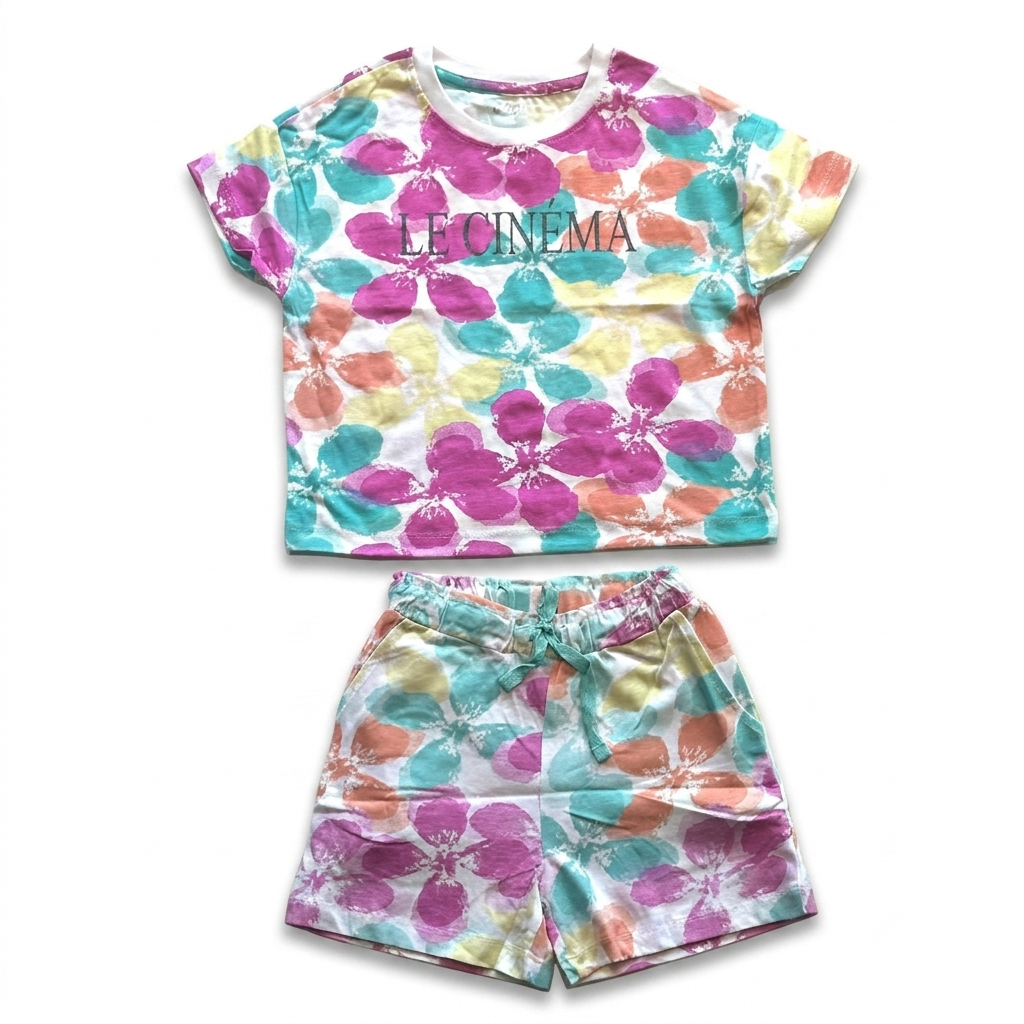 Colorful floral shirt and shorts set with 'LE CINEMA' branding on a white background