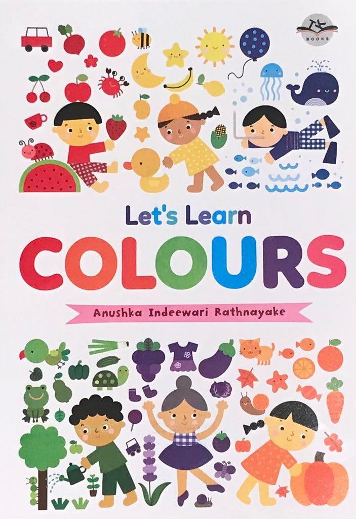 Book cover of 'Let's Learn Colours' with colorful illustrations and text.