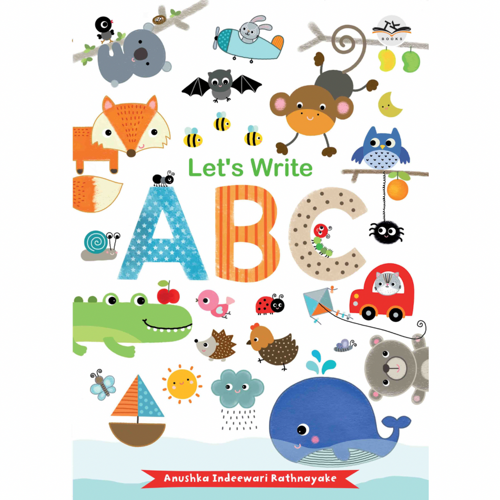 A colorful book cover for 'Let's Write A B C' featuring various cartoon animals and objects related to letters and writing.