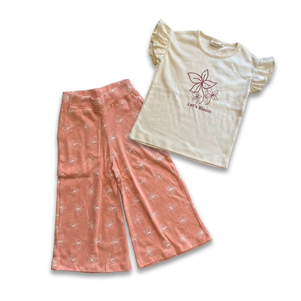 White t-shirt with floral design and text, paired with pink pants on a white background