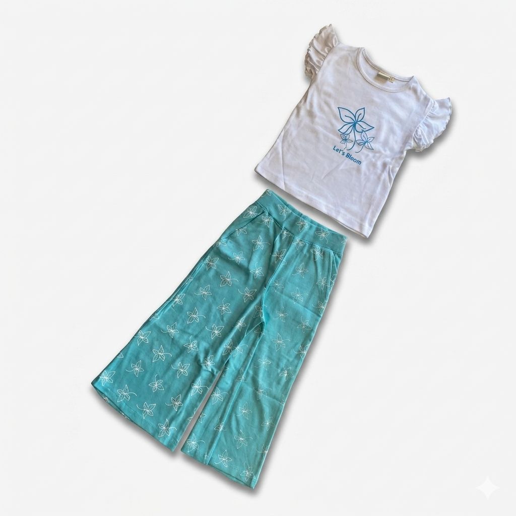Children's outfit with white top and teal pants on a light gray background
