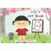 Cover of 'Lily's Art Book' featuring a cartoon girl with glasses and a cat, along with various colorful leaves and art supplies.