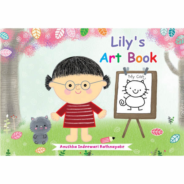 Cover of 'Lily's Art Book' featuring a cartoon girl with glasses and a cat, along with various colorful leaves and art supplies.