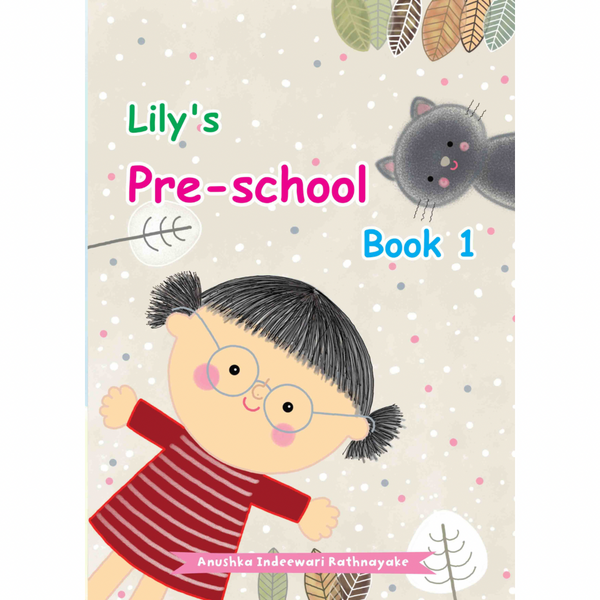Cover of 'Lily's Pre-School Book 1' featuring an illustration of a character with glasses and a book title, surrounded by autumn-themed decorations like leaves and a bat.