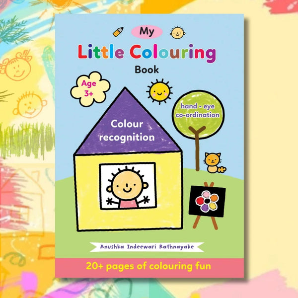 Children's coloring book titled 'My Little Colouring Book' on a colorful background