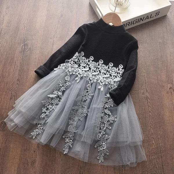 Long Sleeve Embellished Party Dress - Black & Grey
