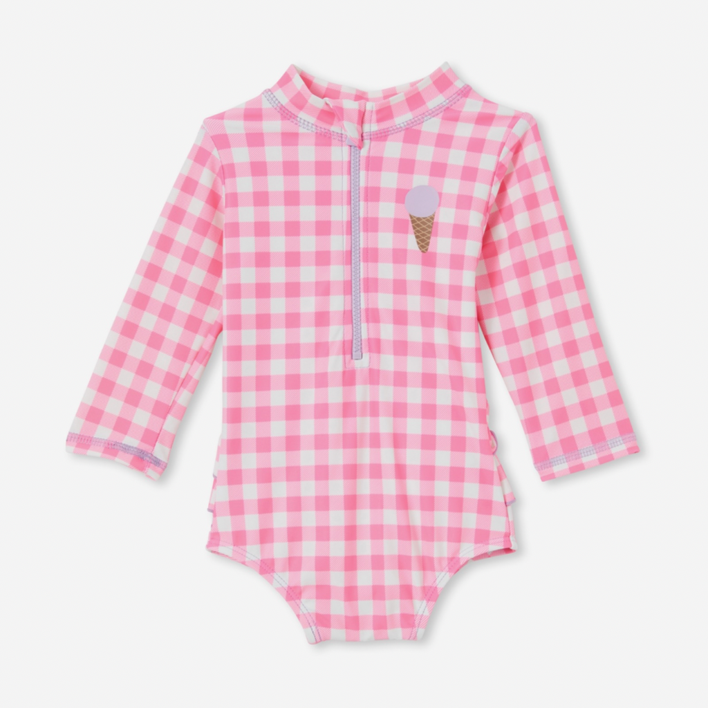 Long Sleeve Ruffle Back Pink Gingham Swimsuit for Infant Baby Girl