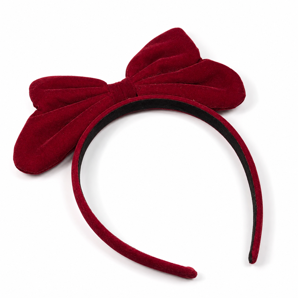 A deep red velvet headband featuring a large matching bow on the front, photographed on a clean white background.