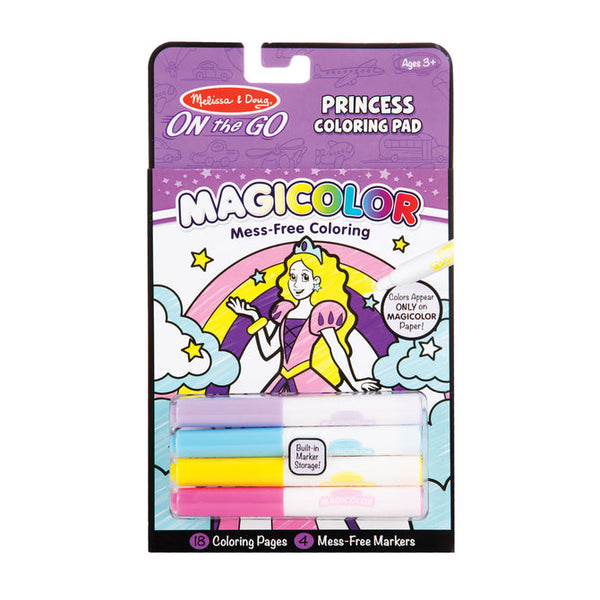 Packaging of Melissa & Doug Magicolor Coloring Pad with Princess theme, showing the coloring pad and four markers with a 'Princess' label.