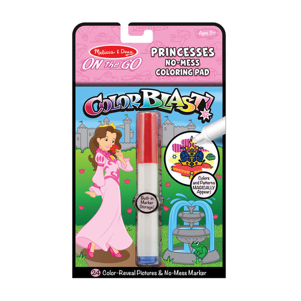 Packaging of Melissa & Doug Princesses Color Blast No-Mess Coloring Pad with a picture of a princess and a wooden stylus.