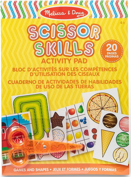 Melissa & Doug Scissor Skills Activity Pad with colorful cover and scissors on a yellow background