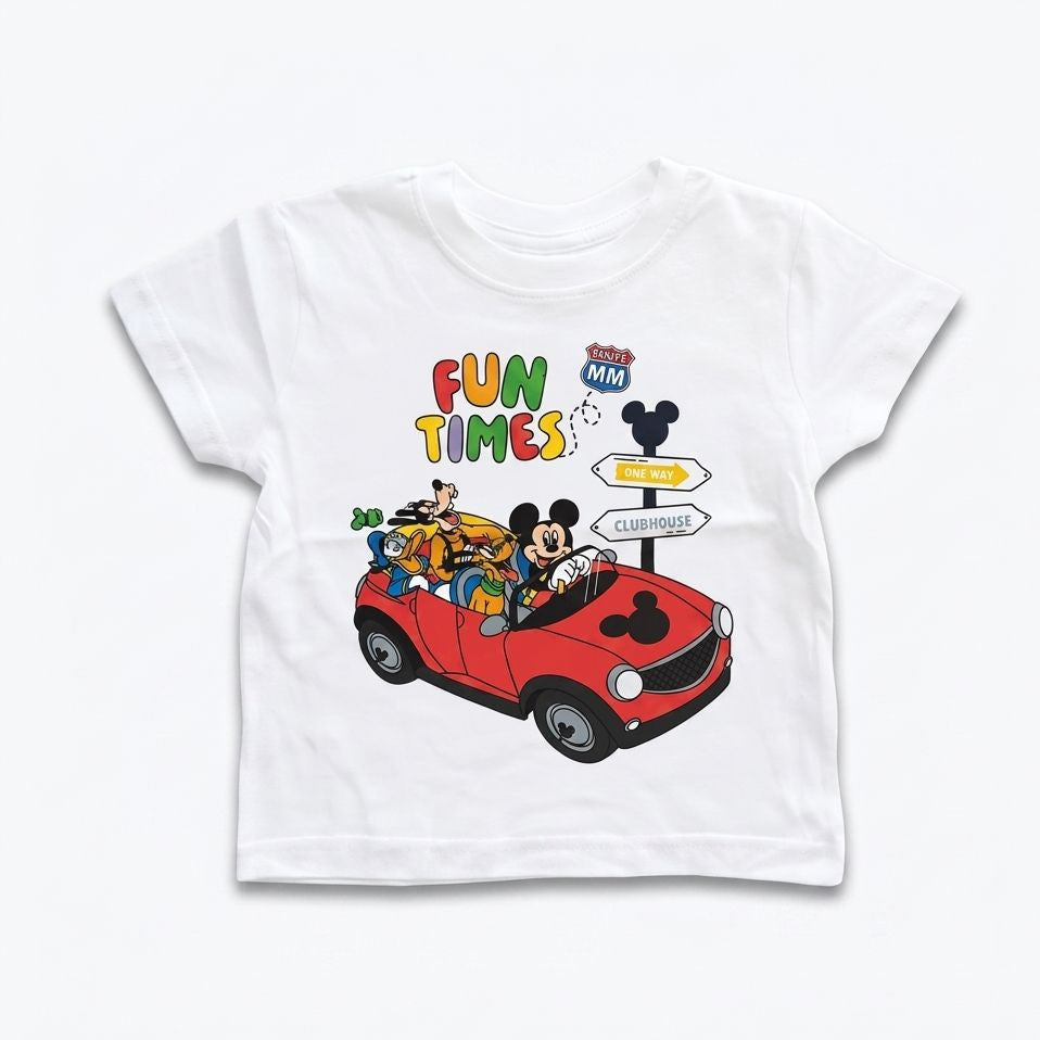 White t-shirt with cartoon characters and 'Fun Times' text on a white background