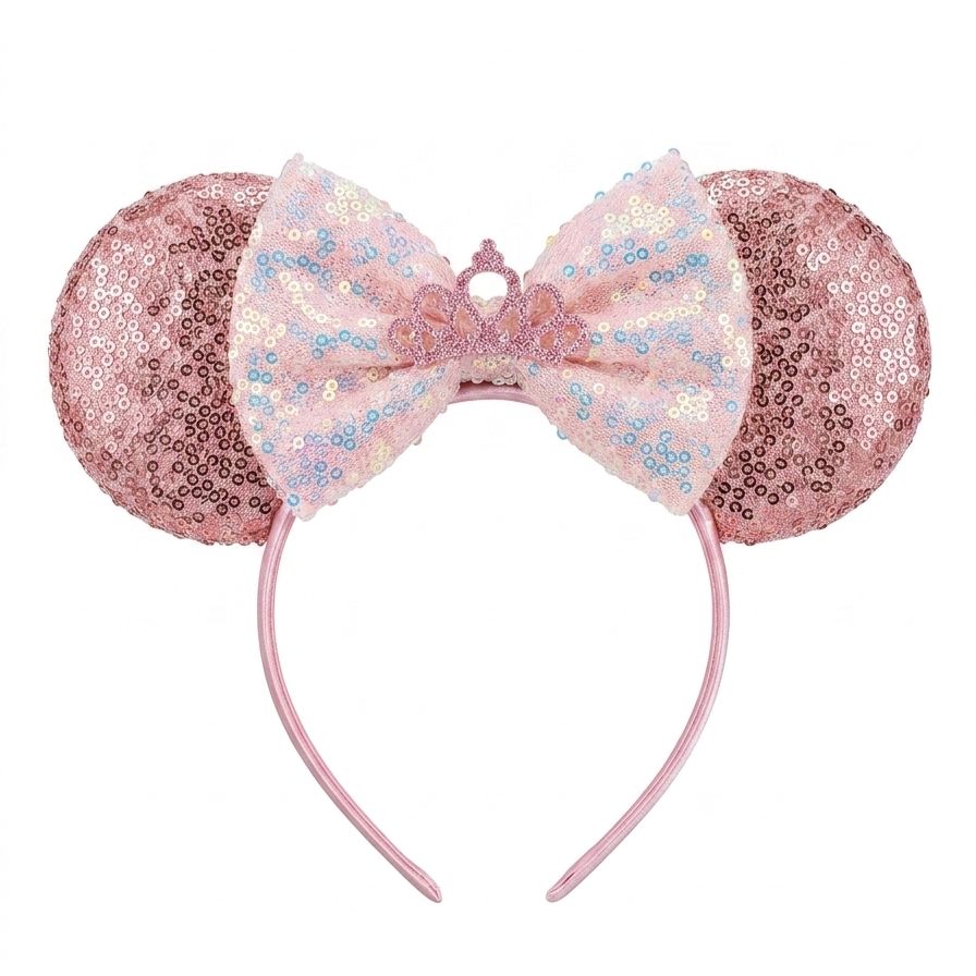 Pink sequin mouse ears with a bow on a white background