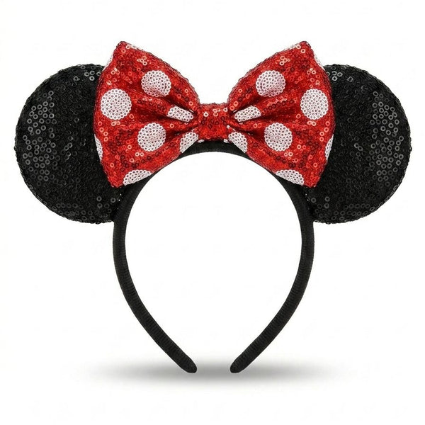 Black mouse ears with a red bow on a white background