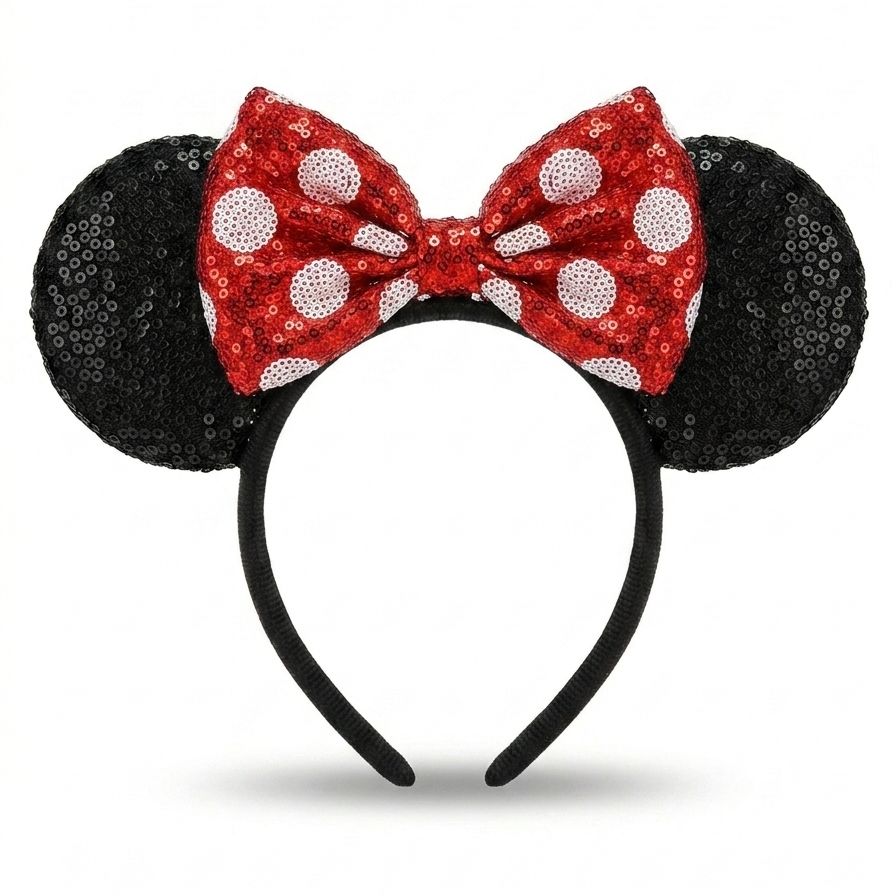 Black mouse ears with a red bow on a white background