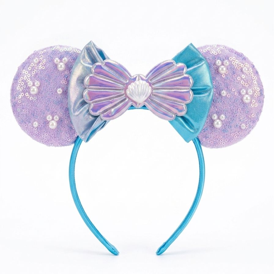 Mermaid-themed mouse ears with a bow and pearls on a white background